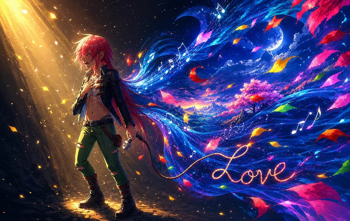 Cantante anime rodeada de música y color — de la galería de ilustraciones