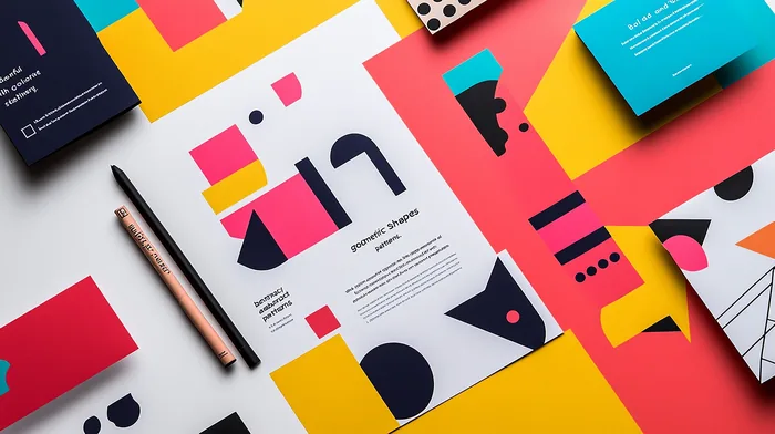 Mockup de papelería colorida con patrones abstractos para naming y slogan
