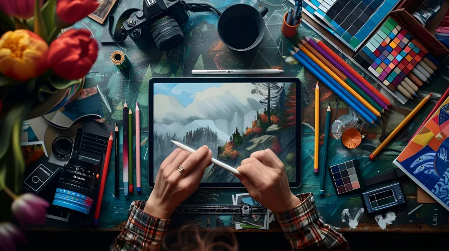 Vista superior de herramientas creativas y iPad de un diseñador profesional de branding