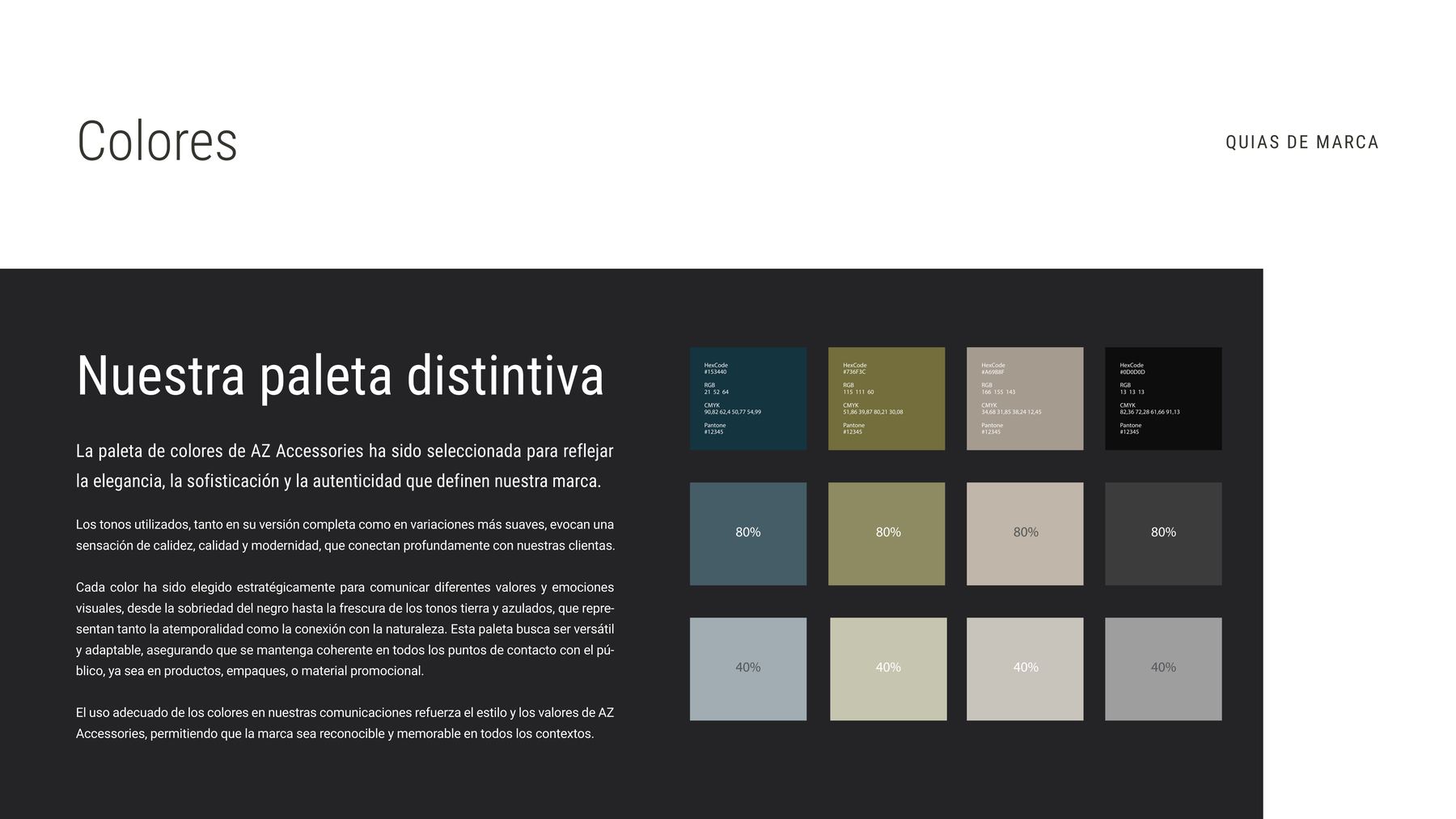 AZ: paleta distintiva. Teal profundo, oliva y taupe -la temperatura opuesta a la de Palmare.