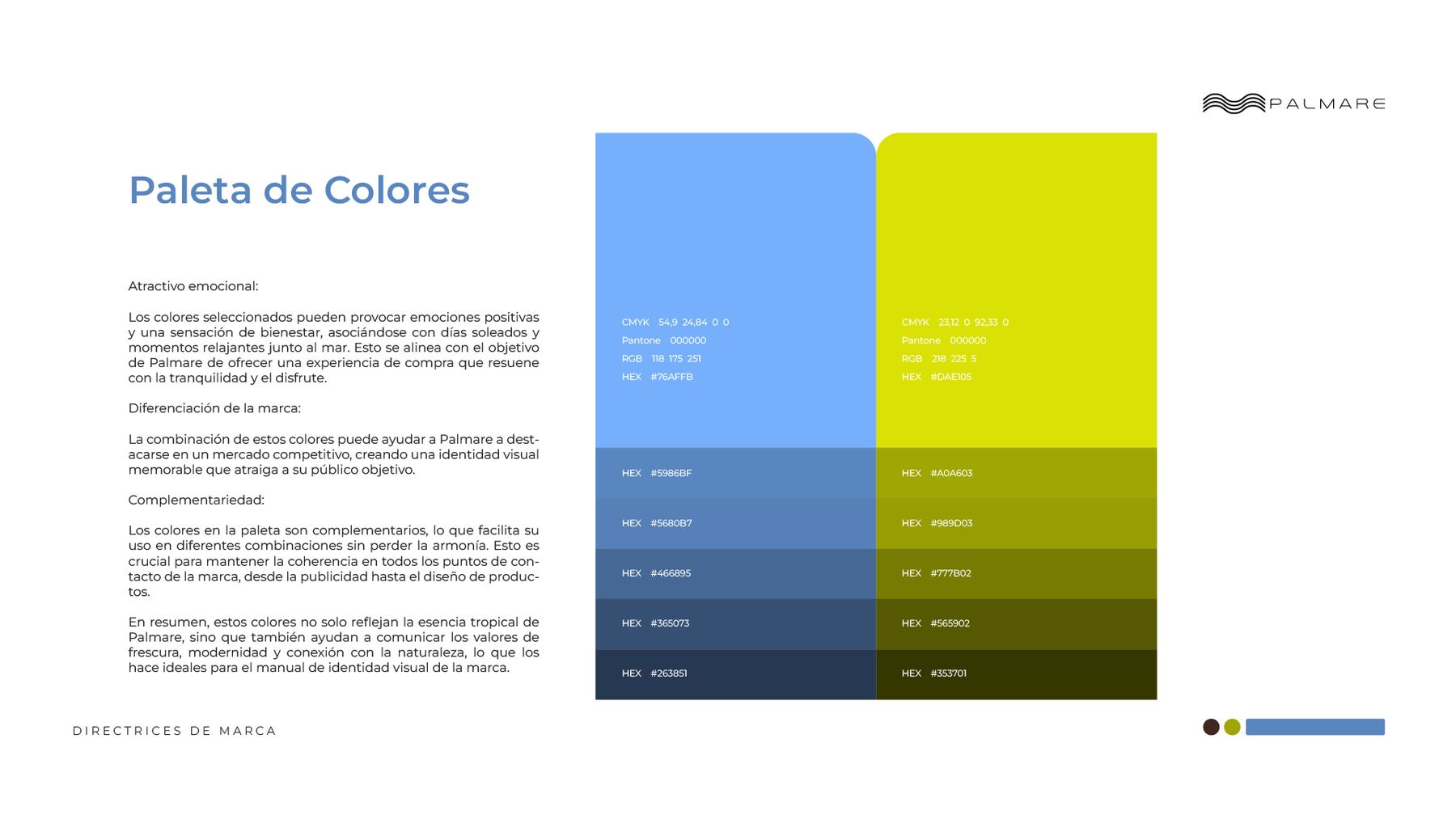 Paleta de Palmare: azul isleno, lima y arena, con sus derivados en frio y en calido.