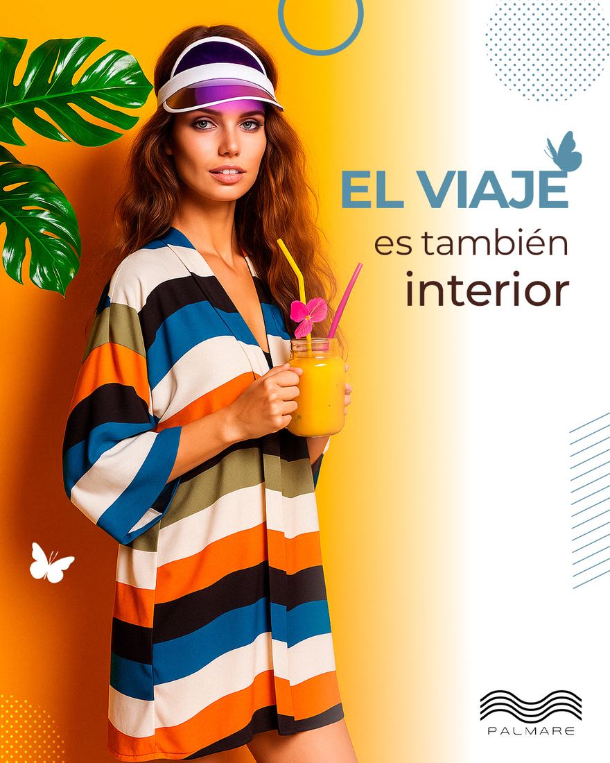 El viaje es tambien interior. El fondo pasa a color plano y la prenda hace el contraste.