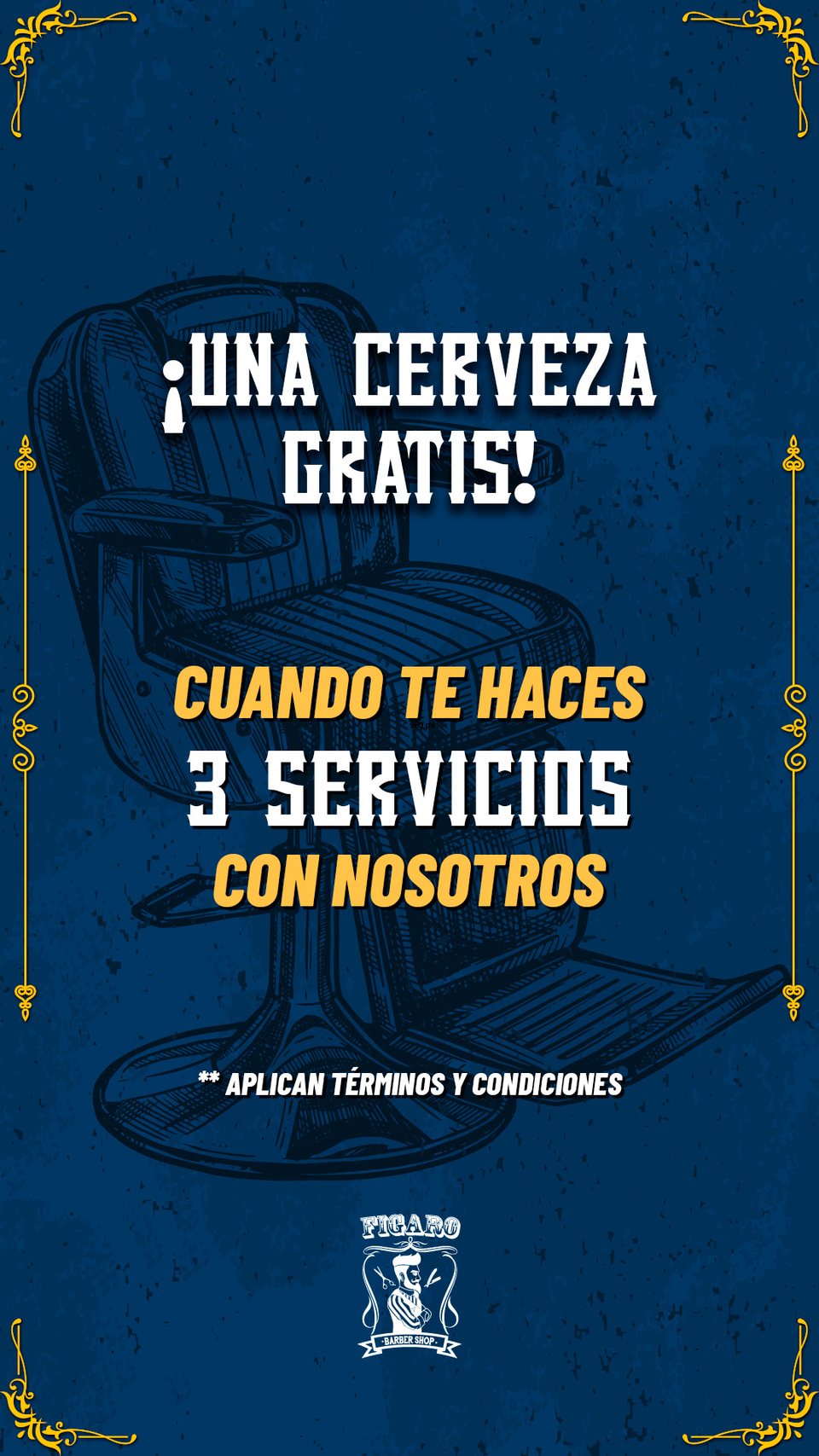 La misma promoción en historia de fondo azul, con la silla de barbero dibujada a línea