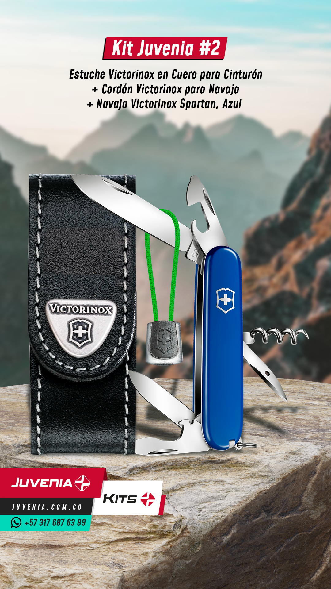 Kit Juvenia con estuche de cuero, cordón y navaja Victorinox azul