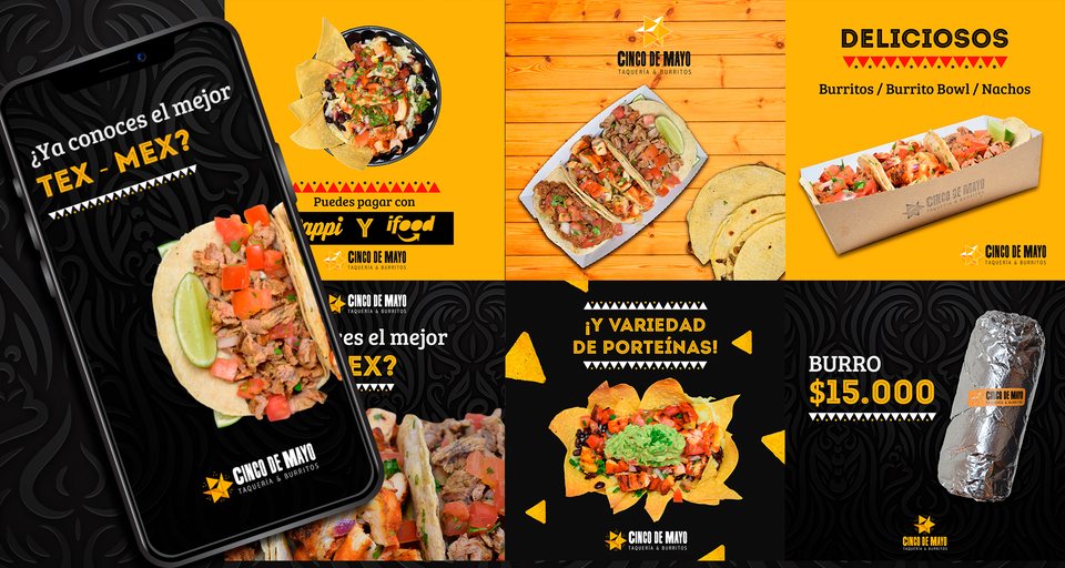 Grilla de la presentación: mockups de feed, stories y packaging