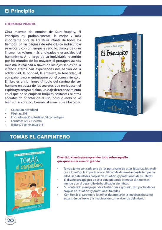 Página del catálogo con El Principito y literatura infantil
