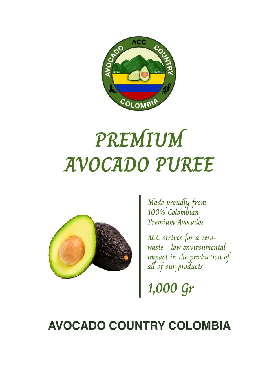 Arte plano de la etiqueta del puré de aguacate.