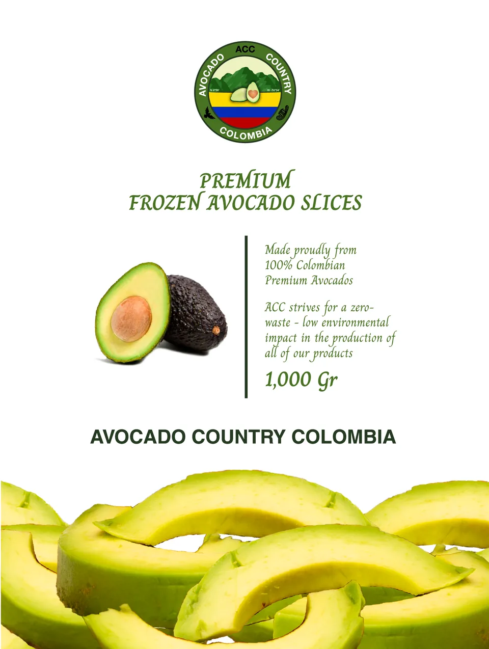 Arte plano de la etiqueta de tajadas de aguacate congeladas.