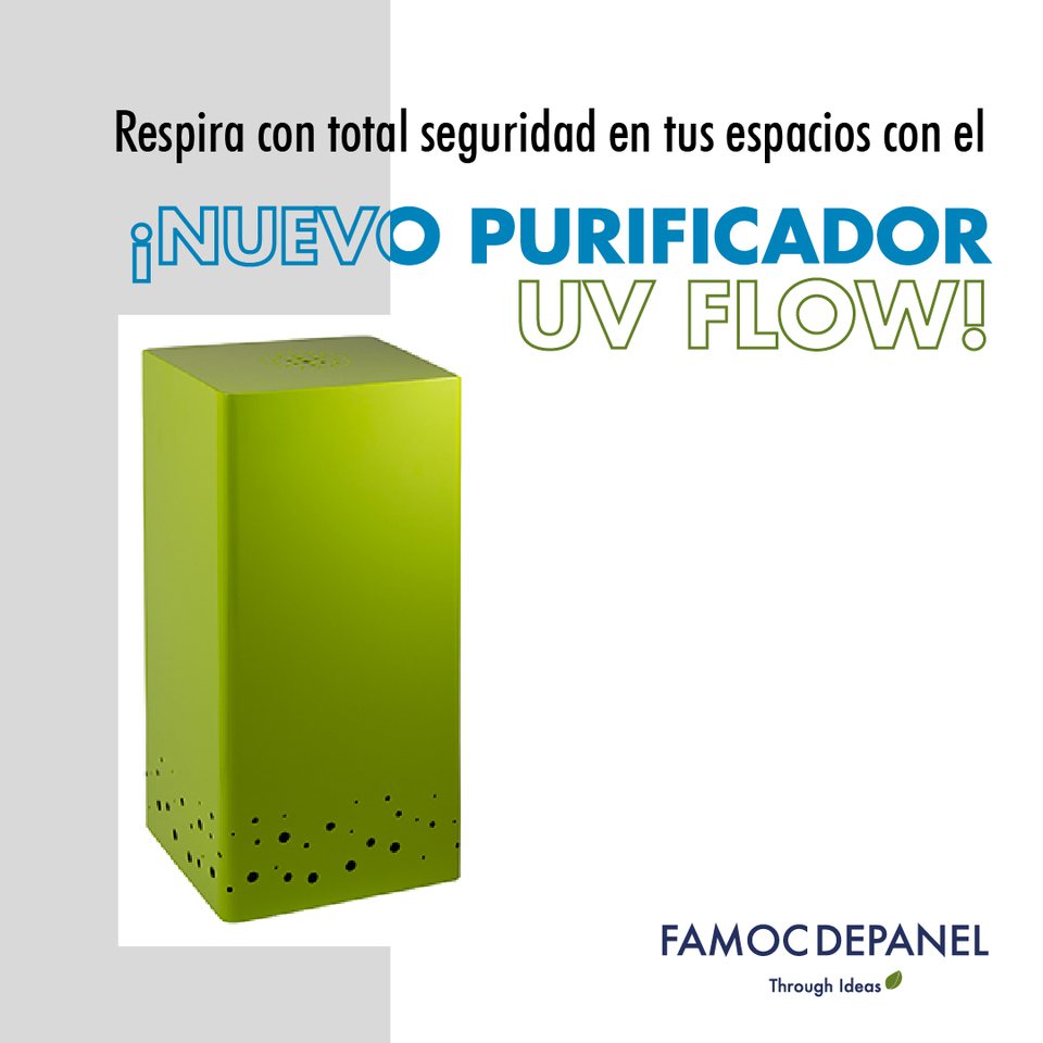 Lanzamiento del purificador de aire UV Flow, con el equipo dibujado sobre blanco