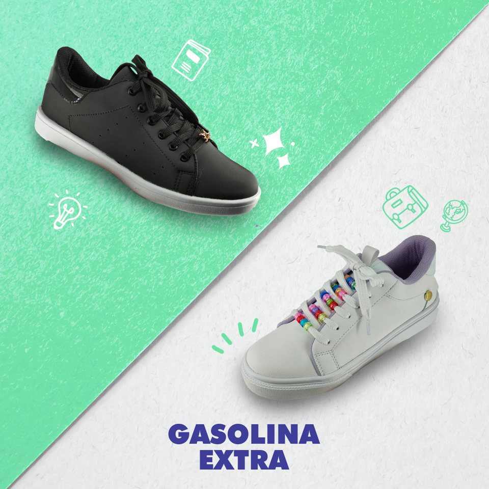 Dos tenis sobre un corte diagonal verde y blanco, con iconos de línea