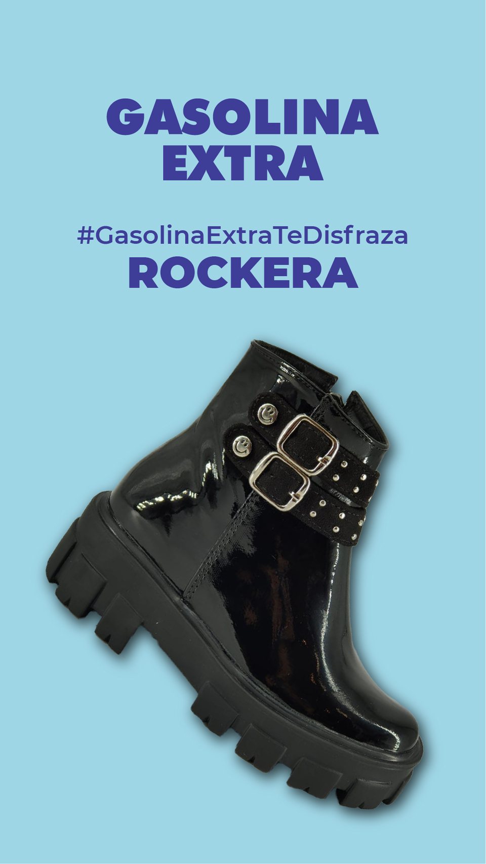 Rockera: botín de charol con hebillas y tachas, de la serie Gasolina Extra te disfraza