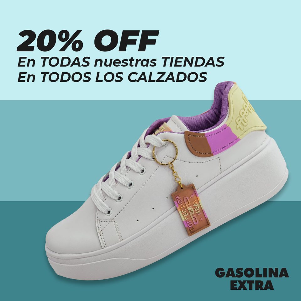 20 por ciento de descuento en todas nuestras tiendas y en todos los calzados, sobre bandas turquesa y crema