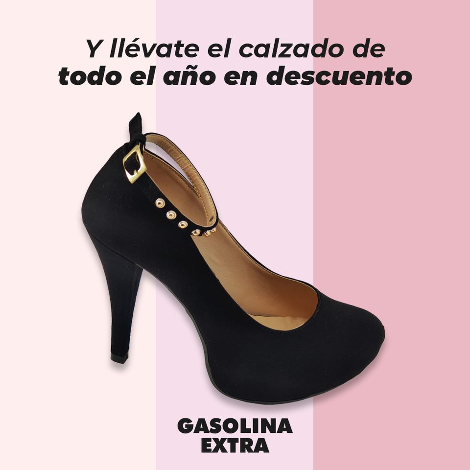 Y llévate el calzado de todo el año en descuento: zapato negro de tacón sobre bandas rosa y crema