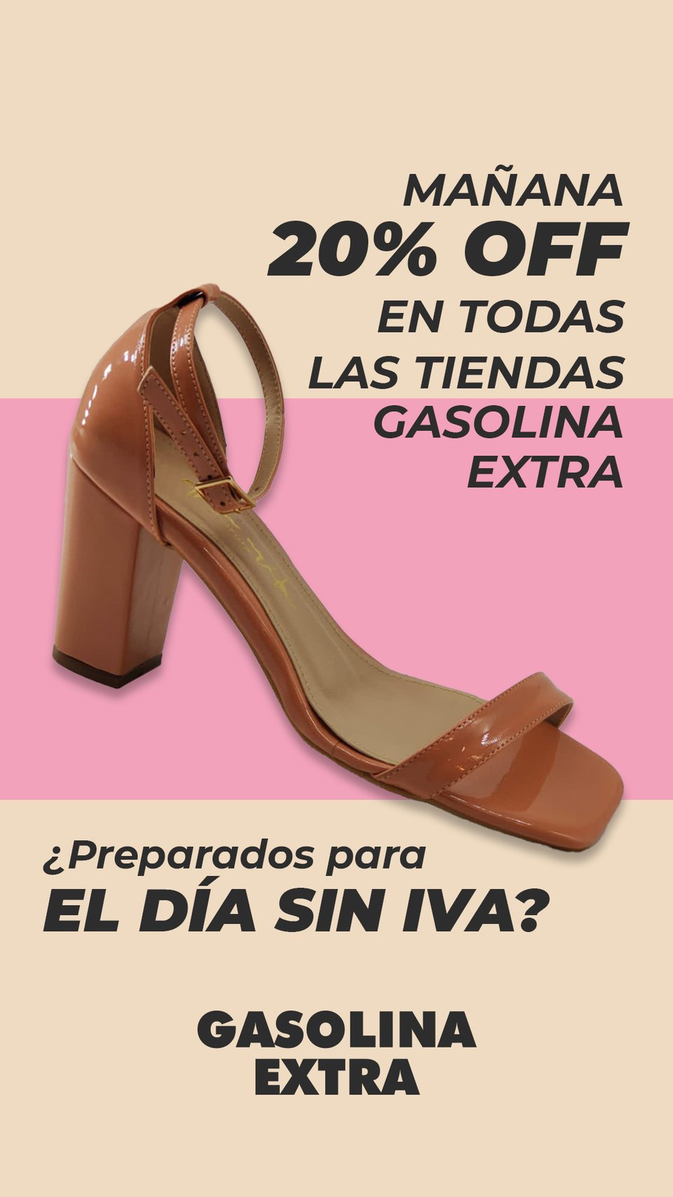 Mañana 20 por ciento de descuento: en 9:16 el bloque de texto se parte en dos y la banda rosa baja