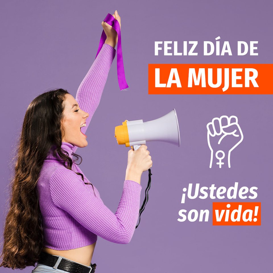Dia de la Mujer: mujer con megafono sobre fondo morado, con el titular en versales y el simbolo femenino en linea blanca
