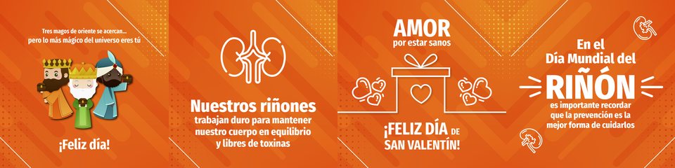 Cuatro piezas de naranja pleno en fila: los reyes magos ilustrados, los iconos de linea del rinon, el regalo de San Valentin y el titular del Dia Mundial del Rinon