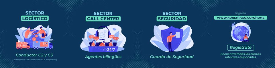 Cuatro tarjetas de sector en fila, fondo azul marino solido: logistico, call center, seguridad y el llamado a registrarse